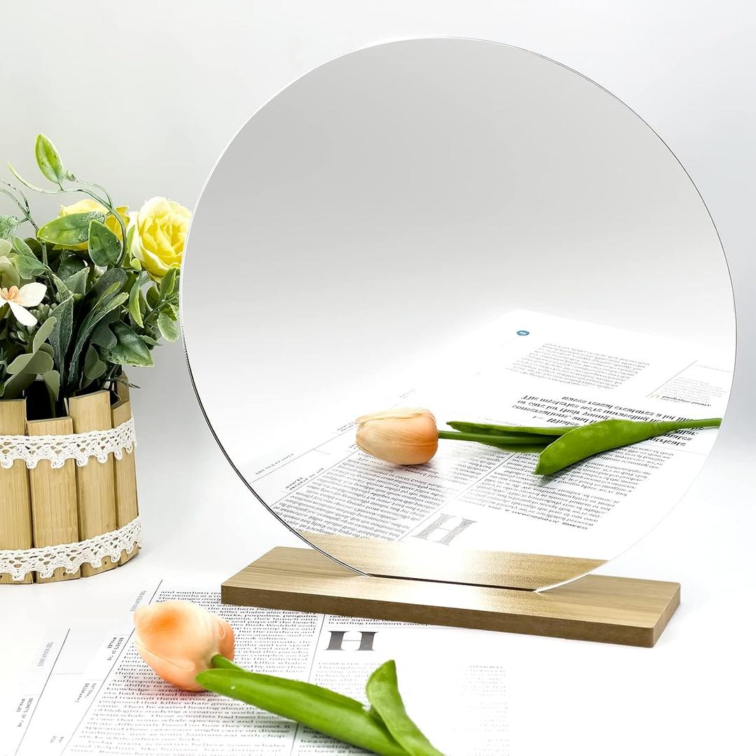 8" Circle Shape Mirror for Room Decor, Acrylic Mirror with Wood Stand, Frameless Makeup Mirror for Desk, Unique Bedroom Accessory