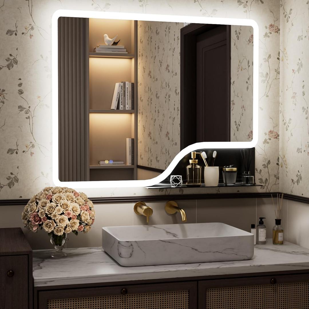 40"x 32" LED Bathroom Mirror with Shelf, Wall-Mounted Backlit Vanity Mirror with Lights, Smart Bathroom Mirror with 3 Colors, Anti-Fog, Stepless Dimmable, Memory (UL, ETL)