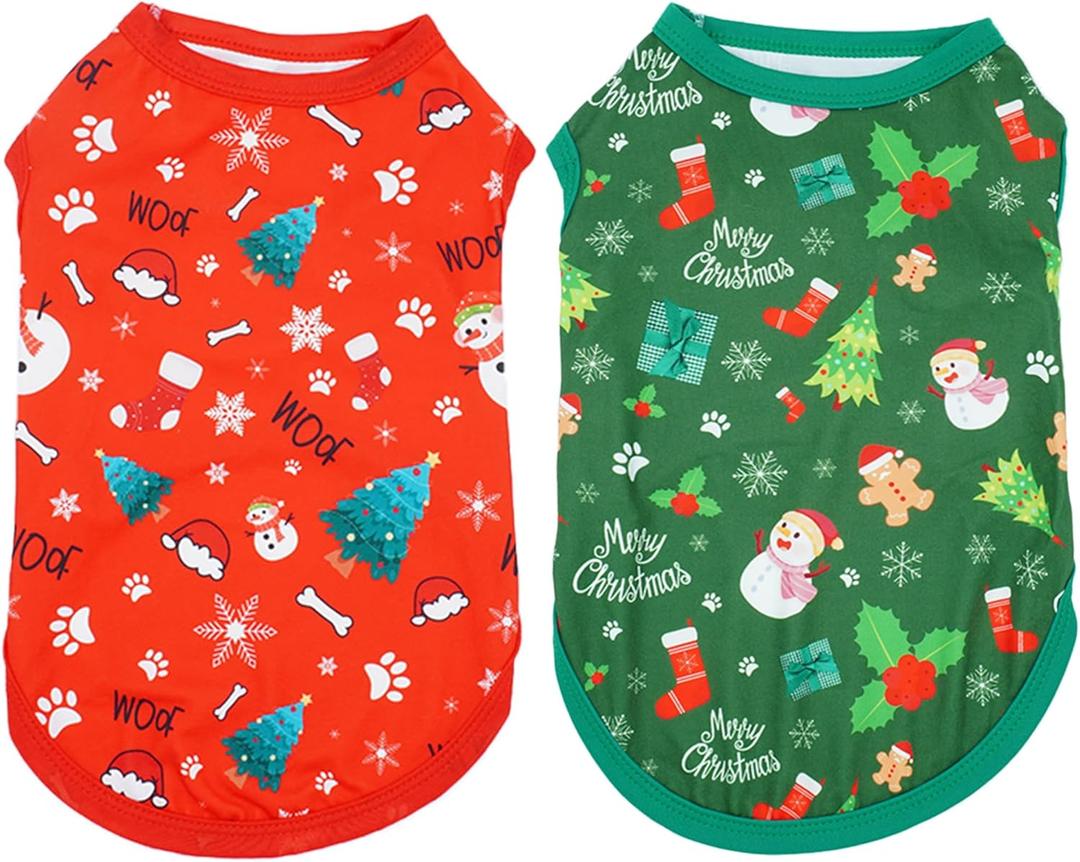 2pcs/Pack Dog Shirts Sleeveless Vest for Extra Small Dog Red Green Light Soft Breathable Outfit Paw Print Snowman Christmas Tree Merry Christmas Boy and Girl XS
