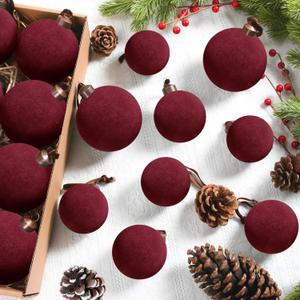 24 Pcs Velvet Christmas Ball Ornaments, 3 Sizes Flocked Plastic Balls Xmas Hanging Decorations Multicolor Christmas Tree Balls for Xmas Tree Home Party Supplies (Burgundy)