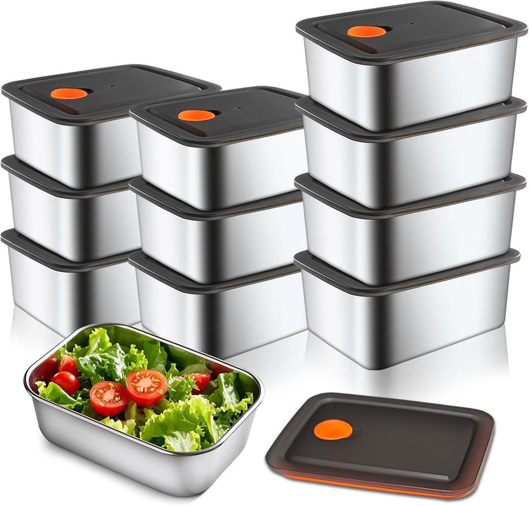 10 Pack Stainless Steel Food Storage Containers with Leak-Proof Lids, 16oz Reusable Metal Meal Prep Lunch Boxes, Stackable, BPA-Free, Dishwasher Safe for Snacks, Fruits & On-the-Go Meals