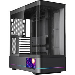 Jungle Leopard AC-02 Digital ATX PC Gaming Computer Case|5.5 Inch Integrated LCD Screen& App|Mid Tower Full View Dual Reinforced Glass Panel|Removable Side Panels|for Micro-ATX ITX (Black)