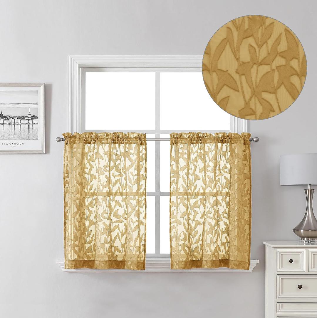 Lecloud Leia Dark Gold Sheer Kitchen Curtains 24 Inch Length 2 Pcs, Jacquard Textured Leaf Voile Short Curtains with Dual Rod Pocket, Farmhouse Bedroom Living Room Tiers, 40 W x 24 L