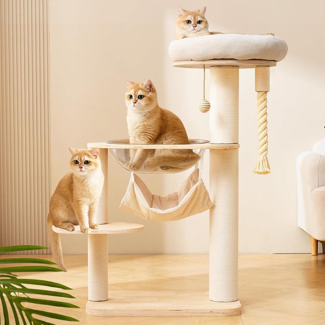 Modern Cat Tree Tower with Hammock for Indoor, Multifunctional 41-in Spacious Cat Tower with Bed, Space Capsule, Dangling Ball, Interactive Rope, Scratching Post