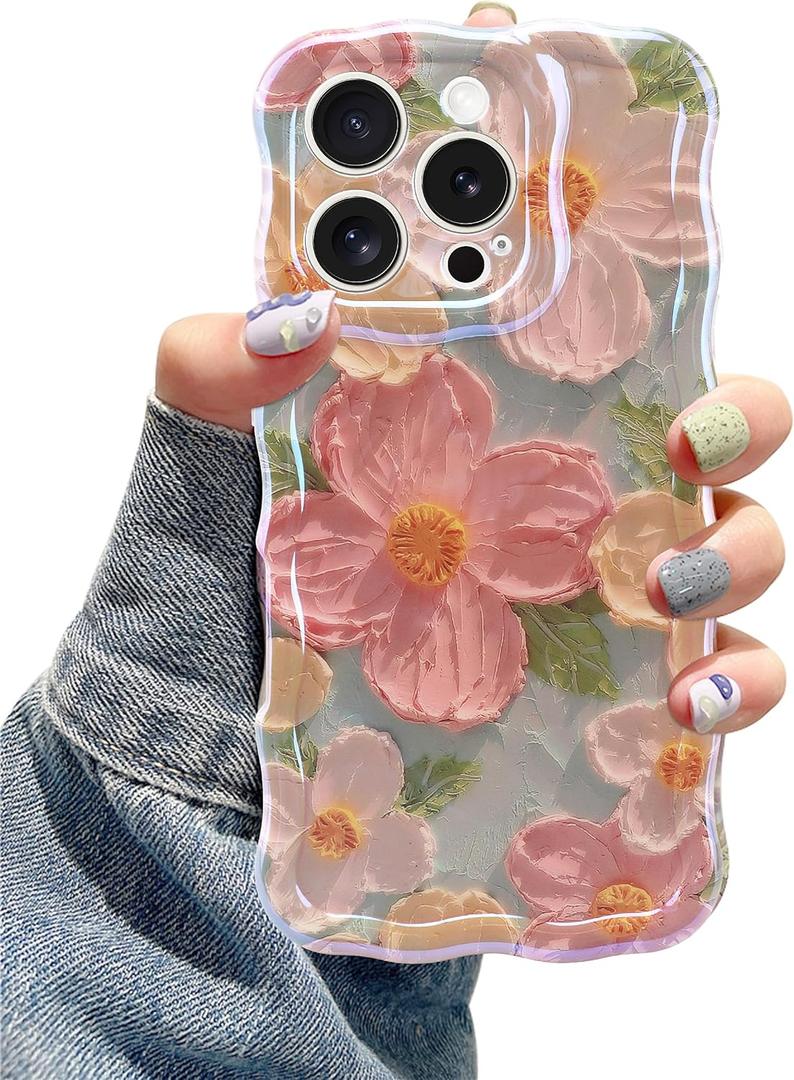 Jusy Case for iPhone 16 Pro Max, Colorful Retro Oil Painting Printed Flower Laser Blue Glossy Pattern Cute Curly Wave Phone Case Soft TPU Cover for Girly Women -Green (Green Without Bracelet)