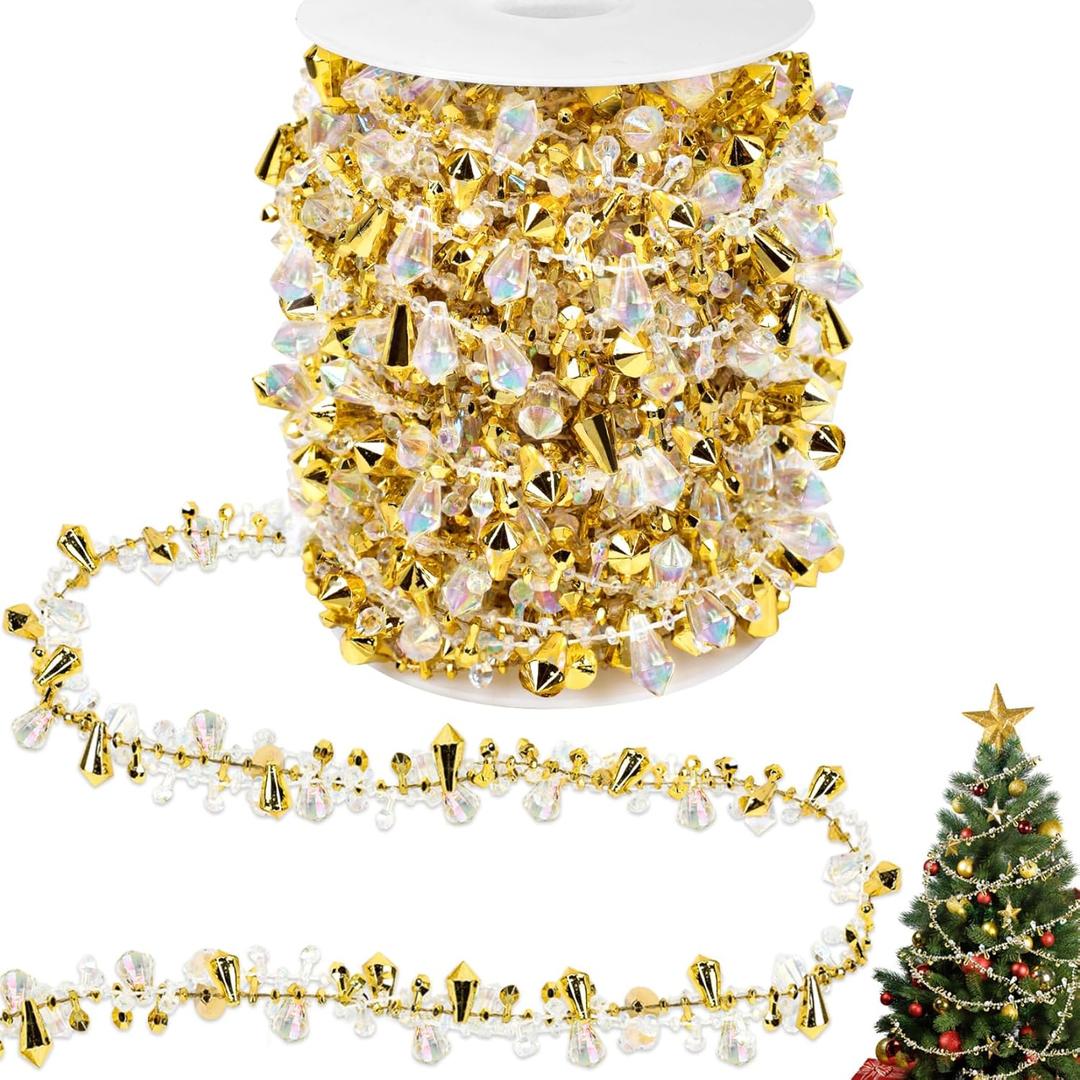 33ft Christmas Tree Garland Bead Decoration, Gold Beaded Garland for Christmas Tree Clear Iridescent Bead Twist String Decor, Garlands for Xmas Ornaments Wedding Party Home Decor