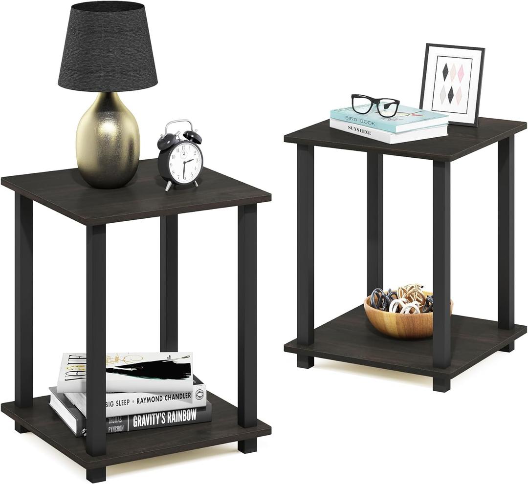 Furinno SIMPLISTIC Side Table Set of 2, 2-Tier Square Modern End Table, Nightstand, Night Stand, Bedside Table, Toolless Assembly, for Living Room, Bedroom, Espresso, 2-Pack, Plastic Pole