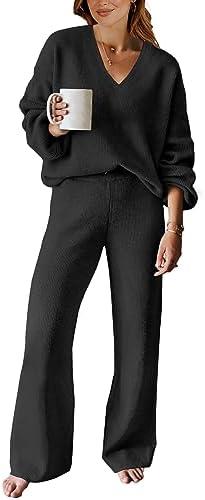 ANRABESS Women 2 Piece Outfits Sweater Lounge Sets Long Sleeve Cable Knit Pullover and Wide Leg Pants Tracksuit Matching Set, Size M