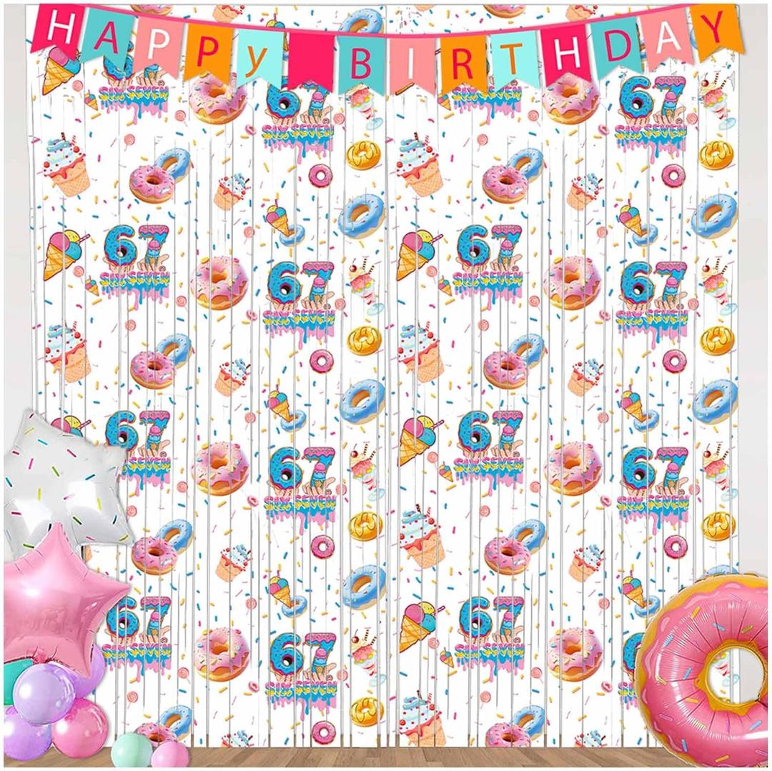 3 x Funny 6 7 Meme Birthday Decorations 2 Pack Donut Theme Party Supplies 3.3x6.6ft Tinsel Foil Fringe Curtain White Photo Booth Prop Six Seven Backdrop Streamer Decor for Kids