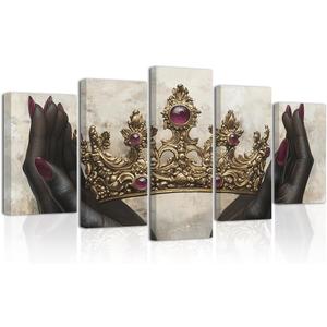 BJYCHG Golden Crown Wall Decor Frame 5 Pieces Black King Queen Crown Canvas Wall Art African American Picture Prints Motivational Painting Bedroom Decor (Gray, 8x14inx2 8x18inx2 8x22inx1)