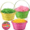 JOYIN 3 PCS Easter Bamboo Baskets with Handle and 3 Colors Grass Paper Shreds, Empty Gift Basket for Easter Egg Hunt, Kids Party Supplies, Filling with Candy & Party Favors (Yellow, Pink, Green)
