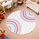 STARUIA Pink Round Rug for Girls, 5 Ft Rainbow Kids Rug for Nursery, Colorful Washable Rugs for Bedroom, Non-Slip Circle Time Rugs Soft Polka Carpet for Kids Room Princess Castle