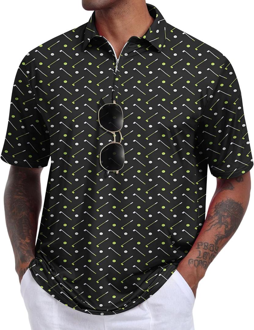 Hodaweisolp Men's Golf Shirts Dry Fit Moisture Wicking Performance Athletic Zipper Short Sleeve Polo Shirt for Men (Black, XXL)