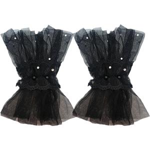 2 x Short Lace Fingerless Gloves,mesh gothic Black Hand Sleeve, Vintage Sexy Wedding Cuffs for Women Masquerade Halloween Party (Black)