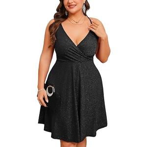 ZOMVA Plus Size 0X-4X Sparkly Glitter Sleeveless Aline Mini Dress Sparkle Wrap Spaghetti Strap Sexy Dress Cocktail Party Club XL