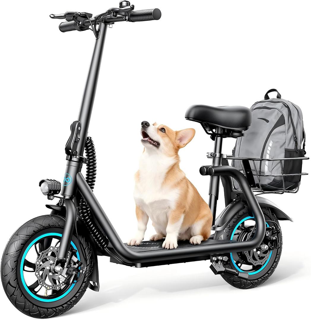AWWSCOOTER C1 Electric Scooter with Seat for Adults, 450W Motor, 20-Mile Range, 16MPH, Foldable Commuter E-Scooter with Basket for Grocery, Pets, and Daily Commute Matte Black