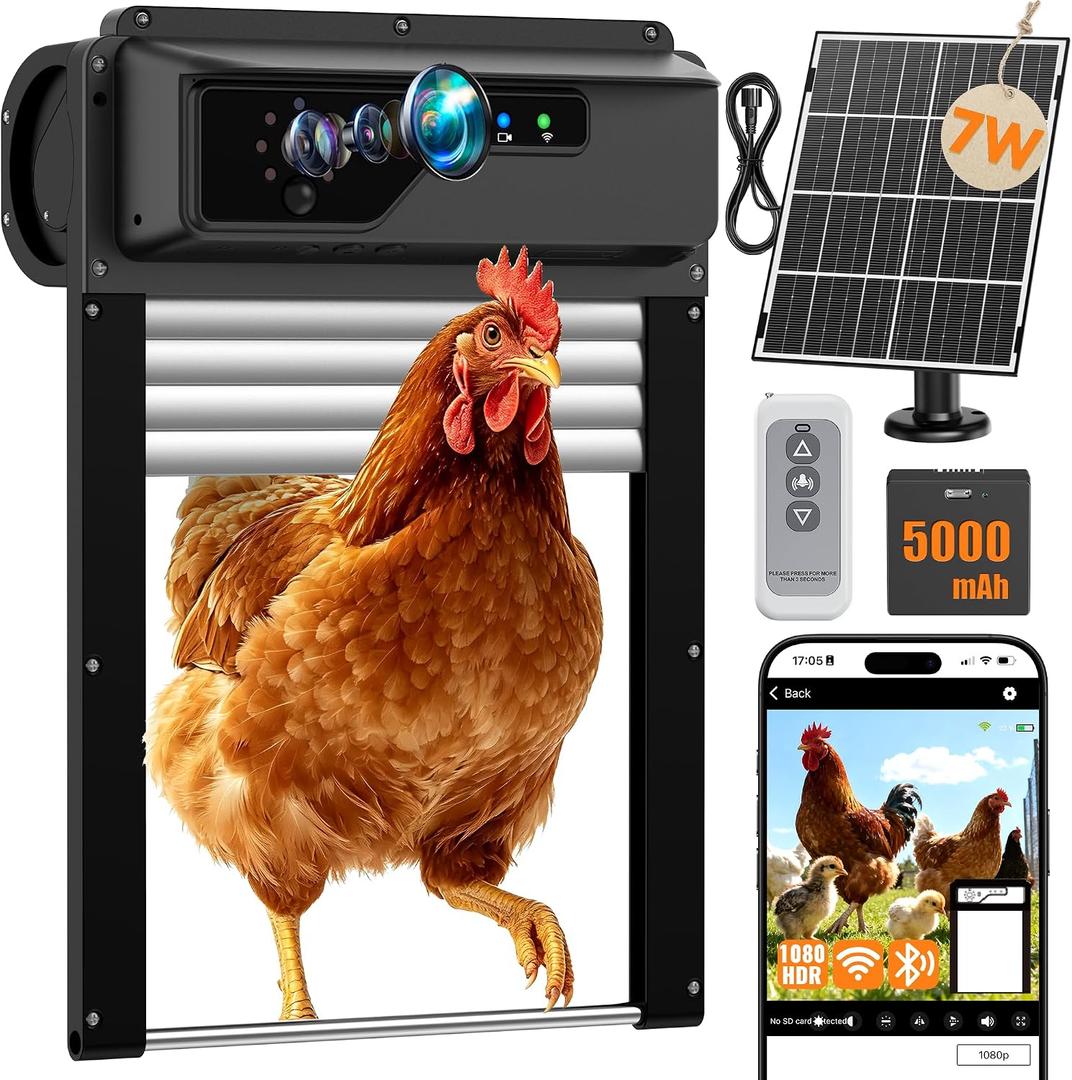 Automatic Chicken Coop Door with Timer and Remote Control, WiFi 1080P Camera Smart Roll-Up Auto Poultry Door, 7W Solar Powered 5000mAh Battery, App Control, Anti-Pinch Safety, Predator Alarm