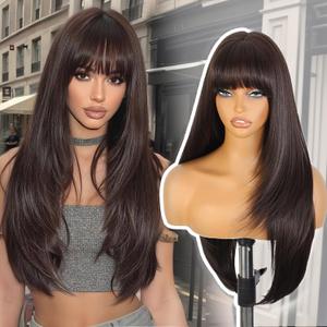 ENTRANCED STYLES Brown Wig With Bangs 26 Inch Long Straight Wigs for Women Dark Brown Layered Hair Synthetic Heat Resistant Hair for Daily Party Use