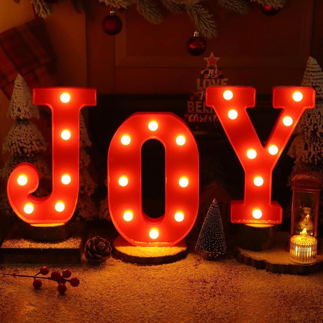 Christmas Decorations Indoor Home Decor - 3 LED 8.5 Inches Marquee Light Up JOY Letters Lights Sign, Battery Operated Christmas Signs for Mantel Home Bar Party Bedroom Wall Fireplace Xmas Decor, Red