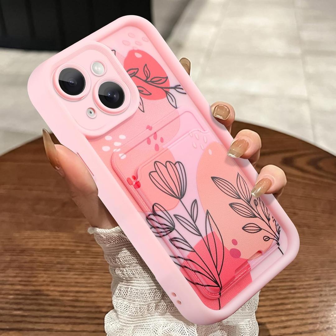 MOWIME Compatible with iPhone 13 Case with Card Holder, Floral Flower Shockproof Soft TPU Protective Cover Women Girls, Anti Scratch Wallet Case for iPhone 13 6.1 Inch, Pink
