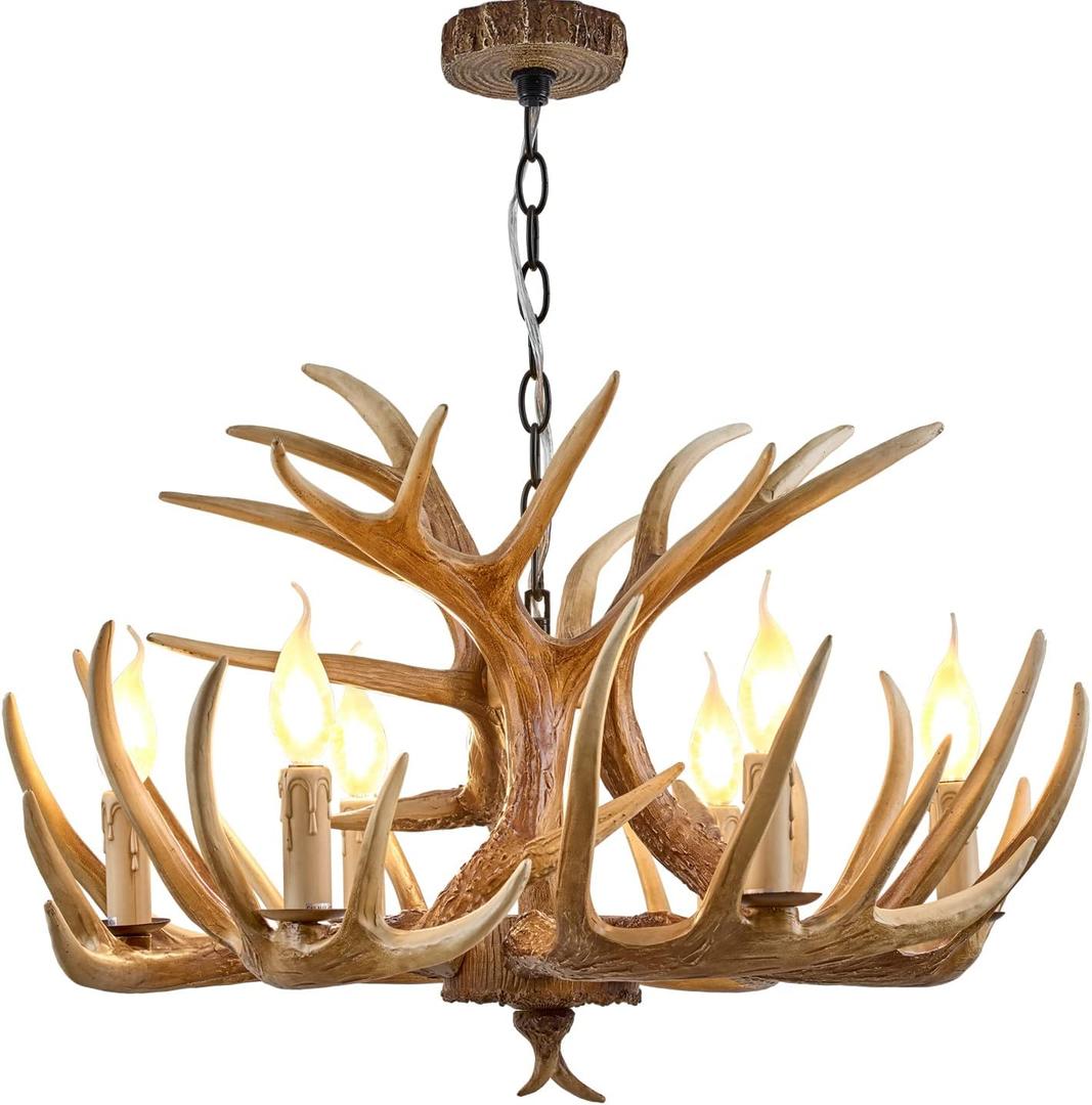 Antler Chandelier 6 Light, Rustic Style Antler Light Fixtures, E12 Base Deer Antler Chandelier Lighting for Home Store Bar (6 lamp arms + 3arm)