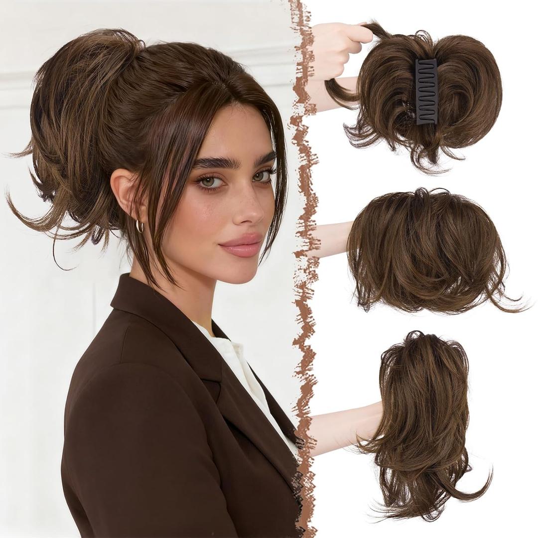 FESHFEN Claw Clip Short Ponytail Extensions - DIY Bendable Metals Fluffy Messy Bun Hair Piece Straight Synthetic Hairpieces Ponytail Extension for Women, Mix Brown
