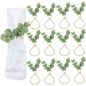 WINGFISH Eucalyptus Leaf Napkin Rings Set of 12 Farmhouse Easter Napkin Rings Wood Bead Boho Napkin Ring Holder for Party Gathering Banquet Wedding Birthday Dinning Table Decoration