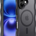 Hualele Magnetic for iPhone 16 Case, Compatible with MagSafe, Military Grade Dropproof Translucent Matte Back Cute Curly Wave Edge Slim Phone Case for iPhone 16, Black