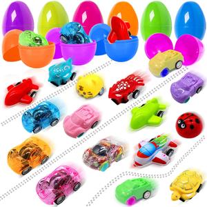 AMENON 18 Pack Prefilled Easter Eggs with Pull-Back Car Toys for Boys Easter Basket Essential 18 Styles Vehicle and 1 Golden Egg, Plastic Surprise Egg Hunt for Kids Basket Stuffers Party Favors