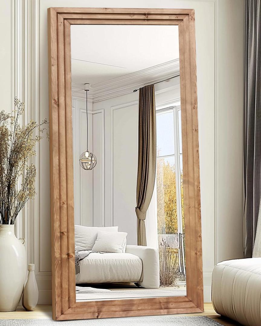 ABSWHLM Full Length Mirror 76"x34" Solid Wood Frame Floor Large Mirror for Living Room, Bedroom Hanging or Leaning Wall-Mounted, Light Brown