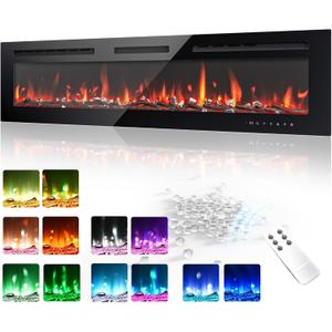 EUHOMY 60 Inch Electric Fireplace Wall Recessed and Wall Mounted with Adjustable Flame Color, Fireplace Heater with Remote Control, Linear Fireplace with Timer, Touch Screen, Log & Crystal, 750/1500W