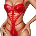 ChiaoLezhee Wet Look Sexy Lingerie, Strappy Fishnet Bodysuit, Valentines Day XL