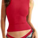 Eachyes Womens Double Lined Racerback Tank Tops High Neck Fitted Sleeveless Tops Basic Thick Strap Going Out Summer Outfits (Red, M)