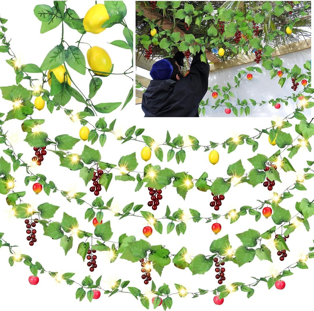 5 Pcs Sukkot Fruits Hanging Banner with 5 LED Lights Sukkot Decoration Sukkah Decorations Fruit Garland Indoor Outdoor Decor Party Supplies for Jewish Sukkot Holiday Supplies