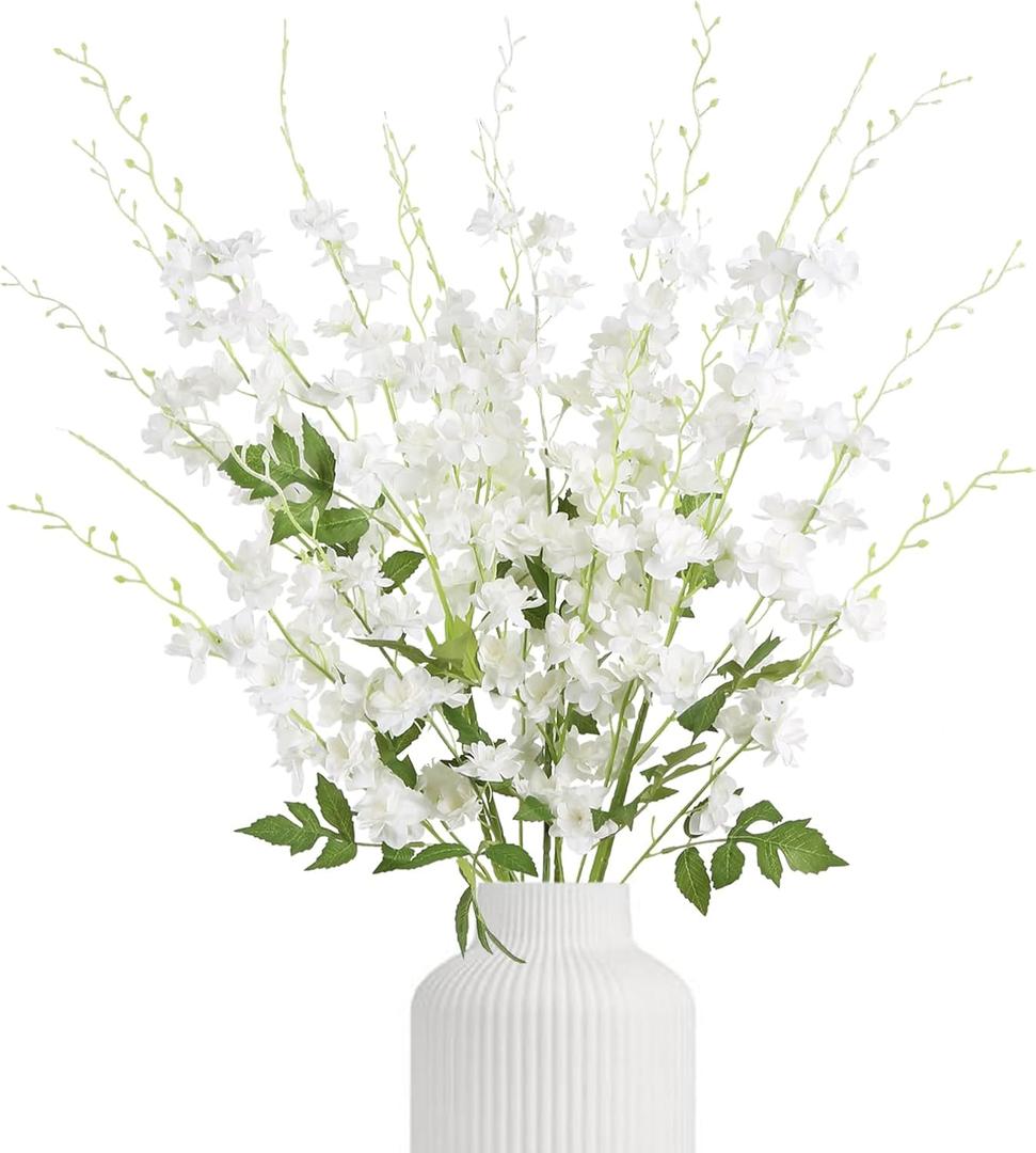 IPOPU 6PCS White Delphinium Artificial Flowers 42.5'' Long Stem Silk Larkspur Flowers Realistic Fake Hyacinth Flowers for Tall Vase Wedding Party Garden Home Decor (White)