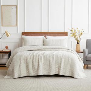 Palassio Beige Cotton Quilt Queen Size Bedding Sets with Pillow Shams, White Lightweight Soft Bedspread Coverlet, Tan Cream Quilted Comforter Bed Cover for All Season, 3 Pieces, 90x96 inches