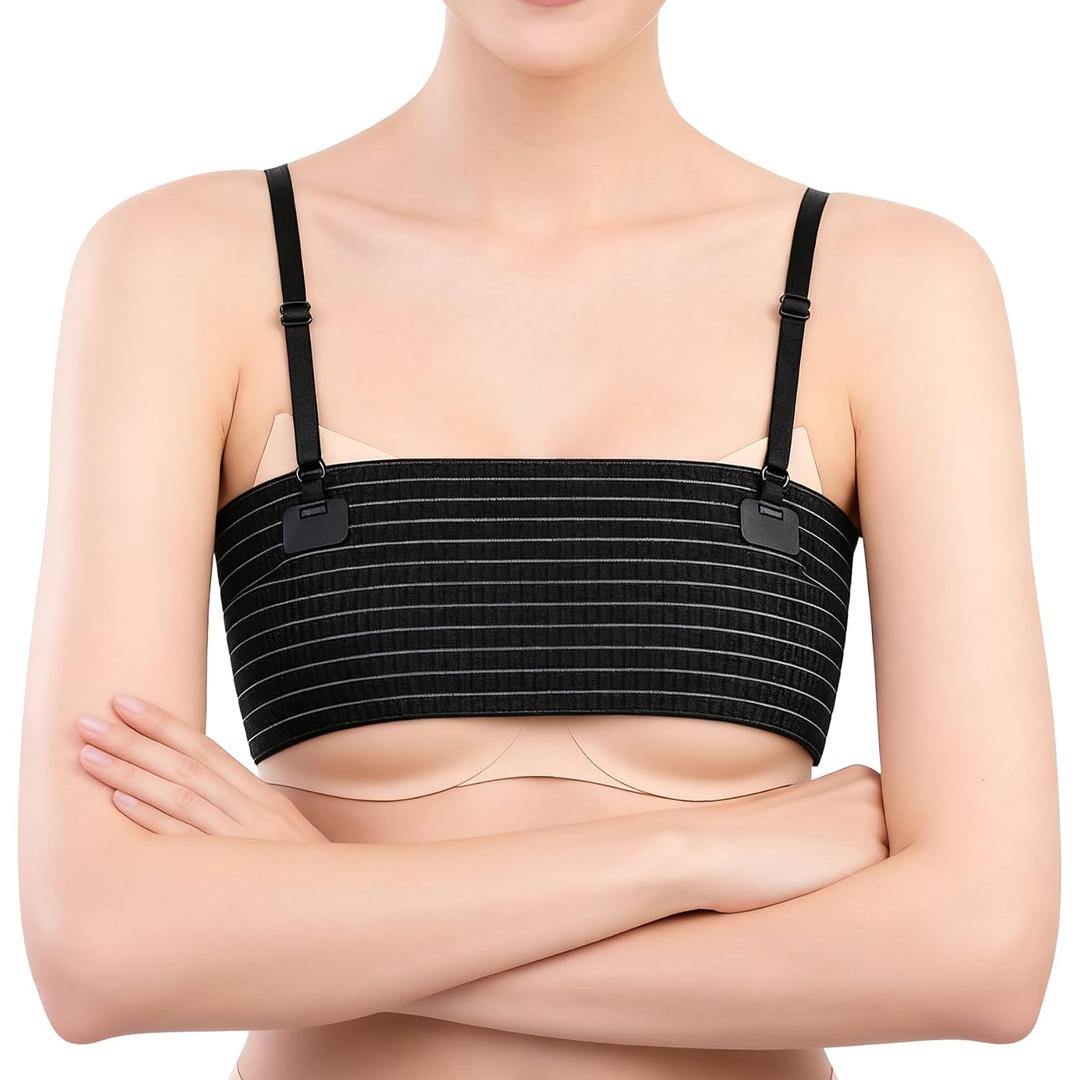 Breast Implant Stabilizer Band with Adjustable Removable Shoulder Straps, Invisible Touch Fastener, Post Surgery Compression Wrap for Breast Augmentation, Reduction & Mastectomy Recovery (12cm, Black)