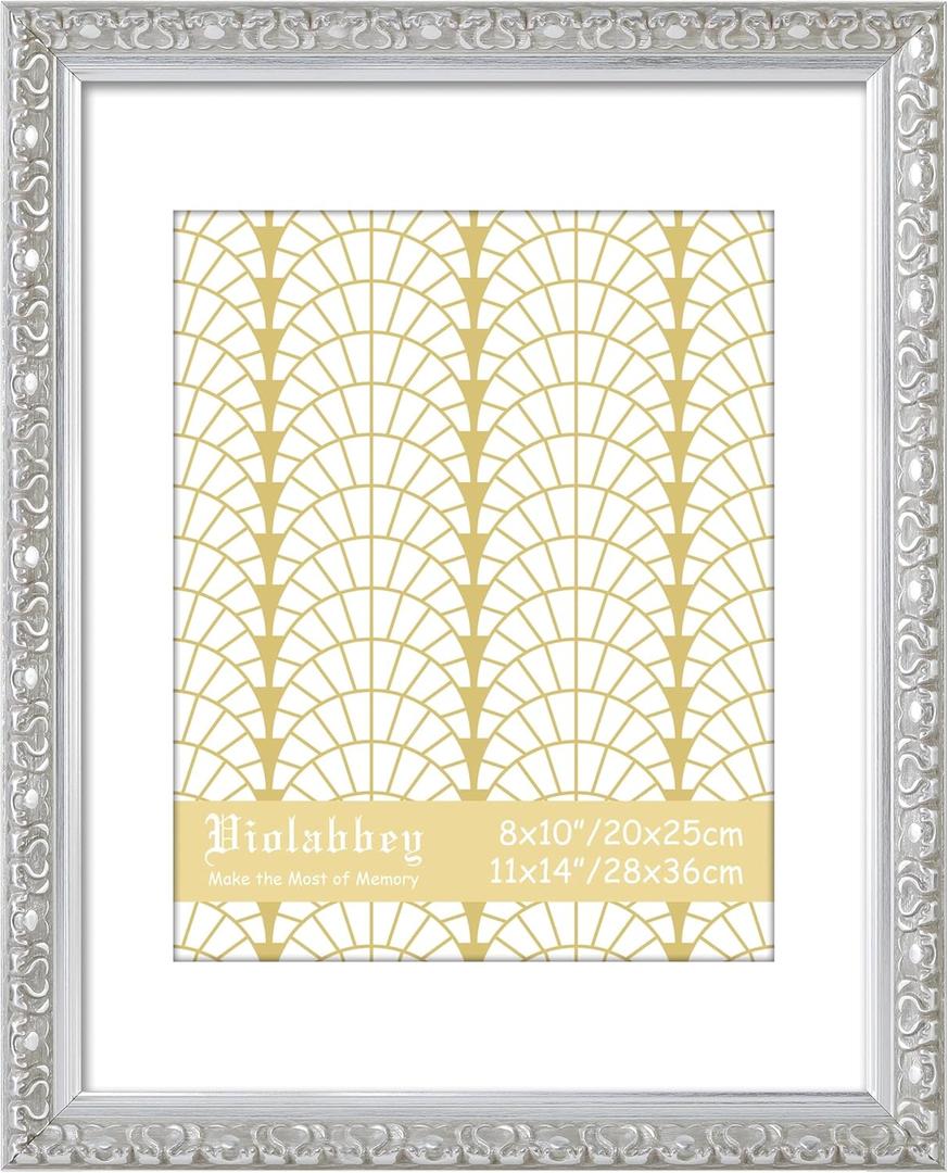 VIOLABBEY 11x14 Picture Frame Silver, Display 8x10 Picture with Mat or 11x14 without Mat, Vintage 11 x 14 Silver Frame for Wall Decor or Tabletop Display