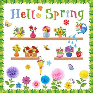 73Pcs Hello Spring Bulletin Board Decorations Set, Colorful Flower & Butterfly Classroom Door Wall Chalkboard Decor with Floral Cutouts and Leaf Border for Spring School and Office