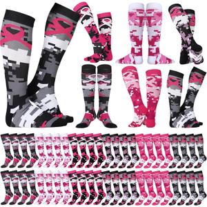Xtinmee 24 Pairs Breast Cancer Awareness Socks Pink Ribbon Football Camo Breast Cancer Socks for Women (Small, Bright Colors)