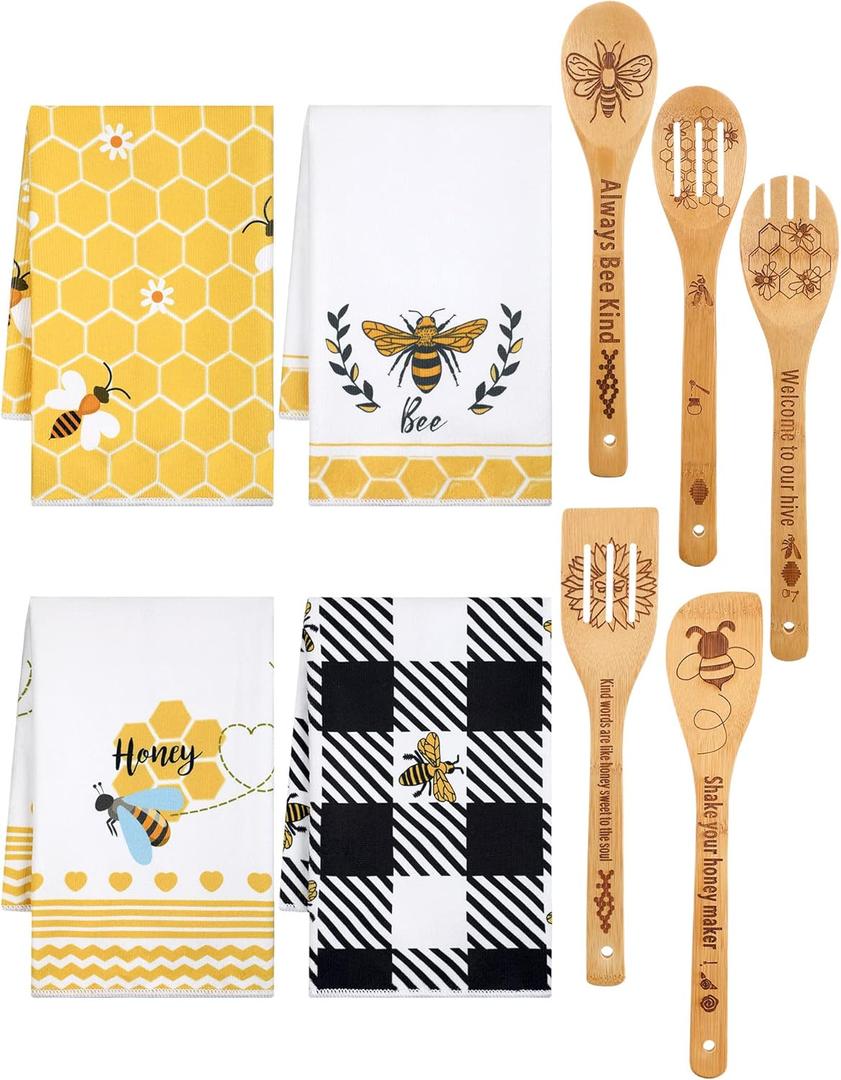 Bencailor 9 Pcs Honey Bee Kitchen Hand Towels Honeycomb Bath Tea Towels Polyester Dish Cloths Absorbent with Cute Wooden Spoons for Kitchen Bathroom Home Decor, 16 x 24 Inch(Bee)
