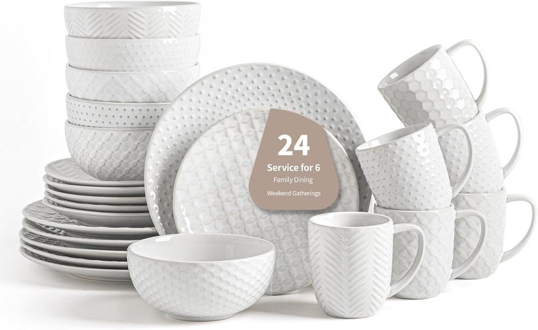 FOBENTA 24-Piece Ceramic Dinnerware Set with Mugs,Complete Plates and Bowls Set for 6,Stylish Dish Set with Coffee Cups for Hosting, Families, & Gift Giving