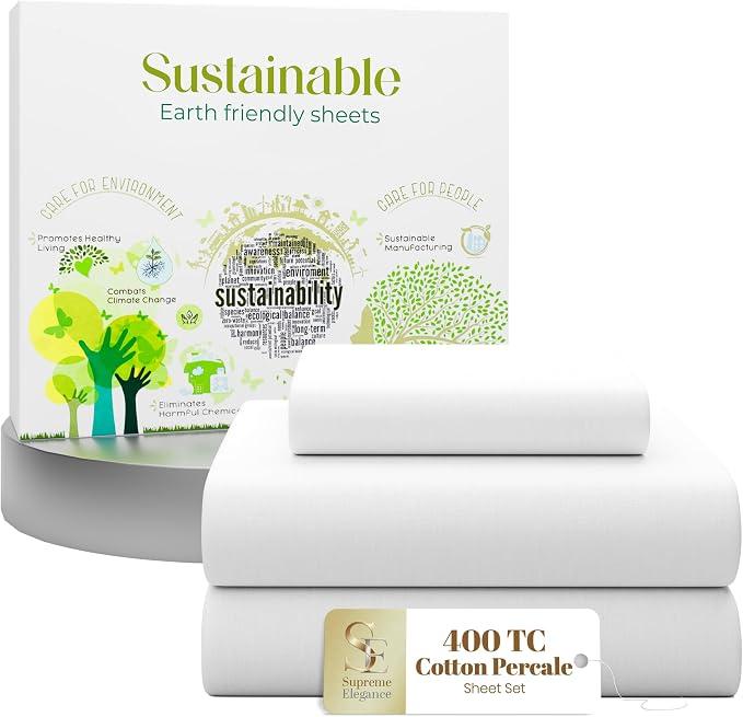 SUPREME ELEGANCE 100% Cotton Twin Size Bed Sheets Set, Snow White, Percale
Deep Pocket Twin Sheets, 16" Mattress Fit, Natural Cotton Texture, Cool & Crisp Feel, Hotel Comfort, Oeko-Tex Made in Green