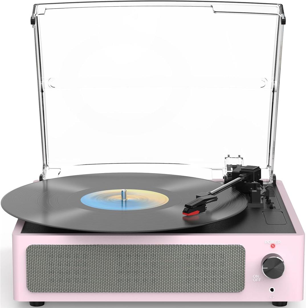 WOCKODER Record Players for Vinyls Turntable with Speakers Belt-Driven Turn Tables LP Phonograph Support 3-Speed Full Size Bluetooth Wireless Playback Headphone AUX RCA Line New Sleek Pale Light Pink