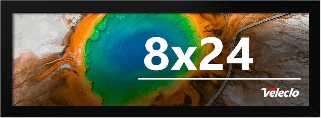 Veleclo 8x24 Picture Frame for Wall Display, 8x24 Black Picture Frame with Shatter Resistant Plexiglass, Stable and Sturdy 8 x 24 Poster Frame for Wall Display, Handpicked Gift Collection