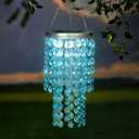 Hanging Solar Lantern Outdoor, 2 Tiers 21 Solar Blue Acrylic Beaded Chandelier with Cool White LED S Hooks for Garden Yard Patio Gazebo Outside Decor