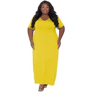 TOPSRANI Womens Plus Size Maxi Dresses for Women Oversize Casual Short Sleeve V Neck Loose Plain Solid Trendy Summer Dress Yellow S at Amazon Womens Clothing store