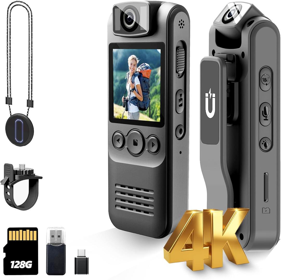 4K 128GB Body Camera, Audio and Video Recording, with Magnetic Back Clip&Bike Mount, 180Rotating Lens, Wearable Portable Bodycam for Outdoor/Sports/Security/Police