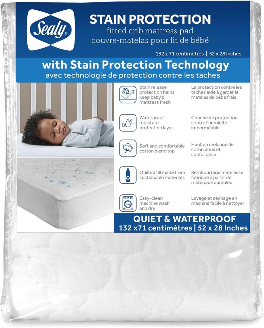 Sealy Baby Stain Protection Waterproof Crib Mattress Protector  Noiseless Fitted Sheet Cover with Quilted Cotton-Blend Top for Comfort  Machine Washable and Easy-to-Clean Toddler Pad, 52 x 28, White (Pack of 1)