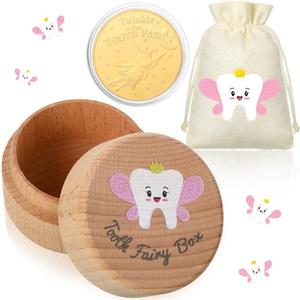Equsion 3 Pcs Tooth Fairy Gifts for Girls and Boys Tooth Fairy Box Coin Unicorn Bag with Gold Foil Reward Coins Wood Baby Keepsake Box for Lost Teeth Kids Birthday Gift(Pink)